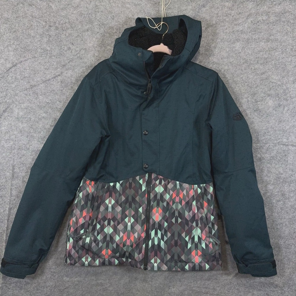 686 Ski Jacket Womens Sz L Dark Green Geometric InfiDRY Insulated Hooded
